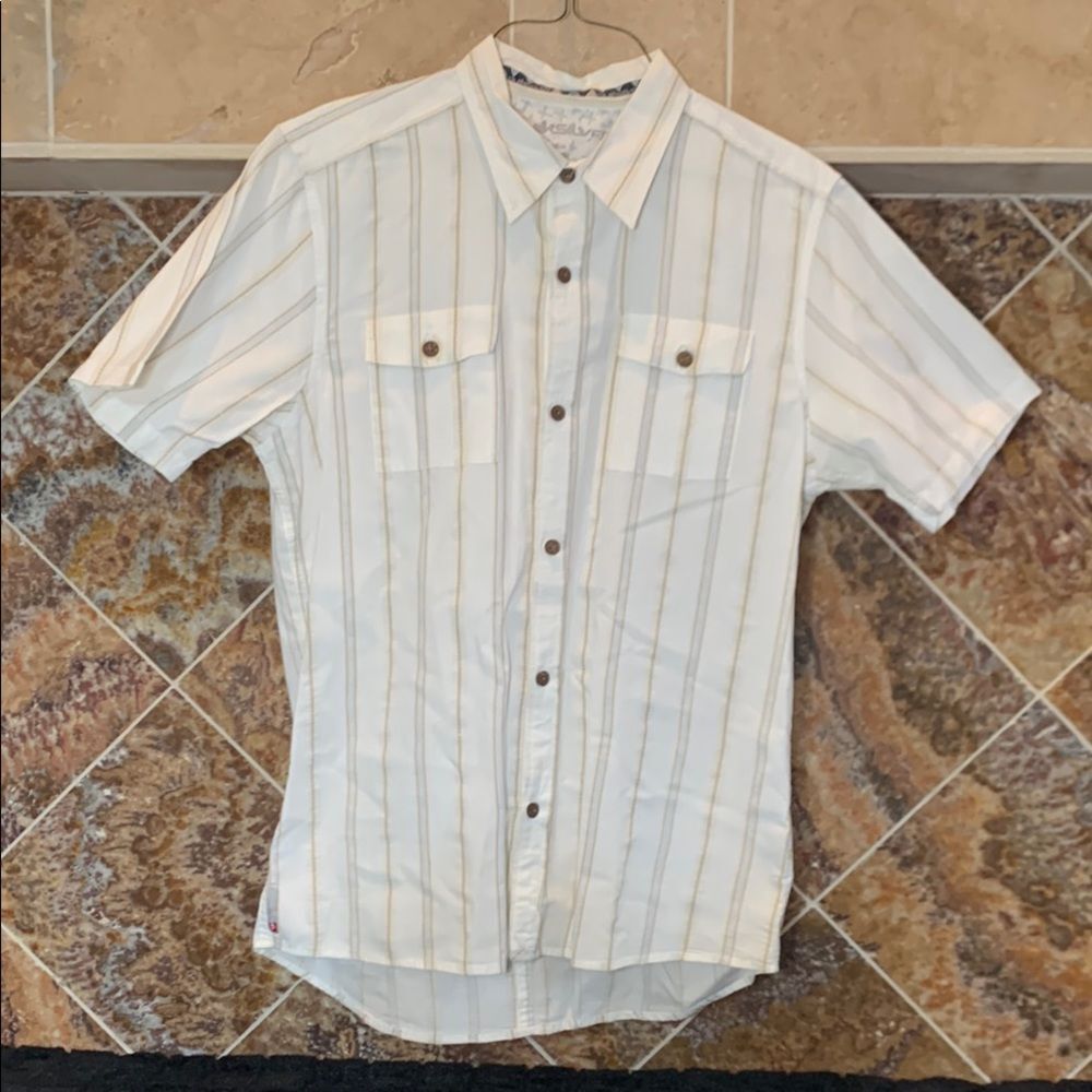 Men's Quiksilver White Brown Blue Cotton Striped Button-Up Short Sleeve Shirt XL